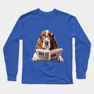 Basset hound dog reading the newspaper Long Sleeve T-Shirt